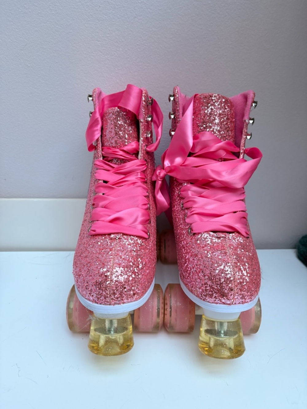 Dolls Kill Pink Glitter Rainbow Stripe Roller Skates - Picture 3 of 4